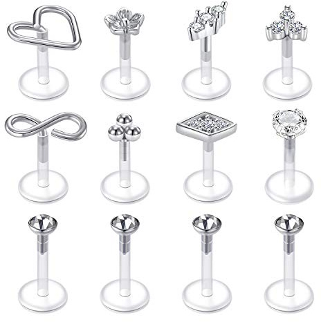 Crdifu 12pcs Barras de labios Bioflex Labret Tragus Helix Cartílago Pendiente Espárragos Retenedores Plástico flexible 16G 6/8 / 10mm