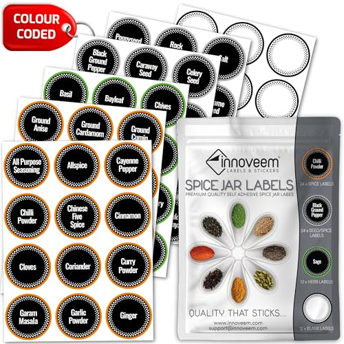 Spice Labels Stickers for Jars - 72 Herb and Spices Labels, 38mm Pre Printed Round Spice Rack Stickers | Easy to Read & Colour Coded for Seasoning and Kitchen Organisation by Innoveem