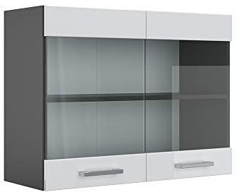 Vicco Küchenglasschrank R-Line, Glashängeschrank, Weiß Hochglanz/Anthrazit, 80 cm