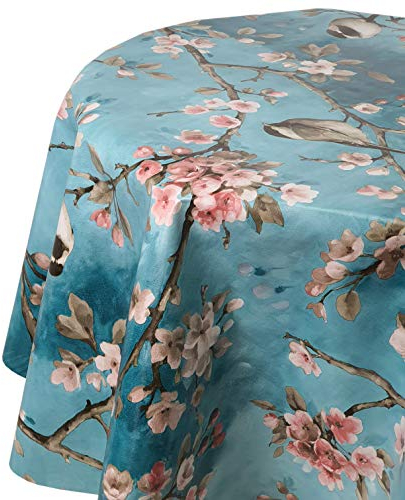 Wachstuch Wachstischdecke Tischdecke Gartentischdecke Vogel Spatz Türkis Oval 130 x 220 cm abwaschbar gefaltet