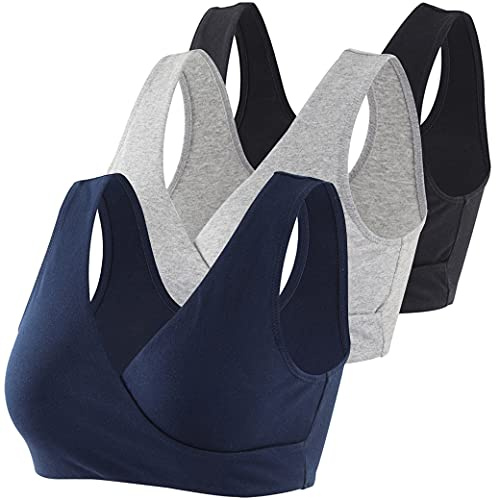 COLOMI Graviditets-amnings-bh trådlös amnings-bh i bomull för sömn, Svart/grå navy blå/3-pack, XXL