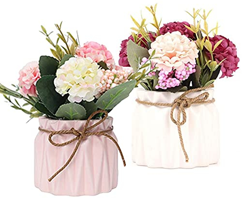 Lostwry 2PCS Künstliche Blumen im Topf Kunstblumen Pflanzen zur Dekoration Hortensien Seidenblumen Blumensträuße mit Keramikvase Kunstpflanze deko für Home Party Büro Hochzeit Tischdekoration