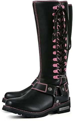 Motorcycle Boots for Women with Full Size Zipper & Lace Details, Black Motorcycle Riding Boots for Ladies with Heel, Classic Harness Design, Mid Calf