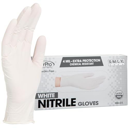 ForPro Disposable Nitrile Gloves, Chemical Resistant, Powder-Free, Latex-Free, Non-Sterile, Food Safe, 4 Mil, White, Small, 100-Count
