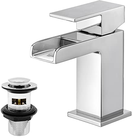 Wasserfall Eckige Waschtischarmaturen mit Pop-Up-Ablaufgarnitur, BATHWEST Waschtischarmatur mit Ablaufgarnitur, Monoblock verchromtes Messing Waschtischarmaturen mit Waschbeckenstöpsel 612M