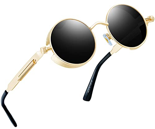 Joopin Steampunk Sonnenbrille Herren Rund Schwarze Gläser mit Goldenem Rahmen Polarisiert Hippie Brille Vintage Driving Sunglasses und Runde Sonennbrille Damen UV400 (Gold Schwarz)