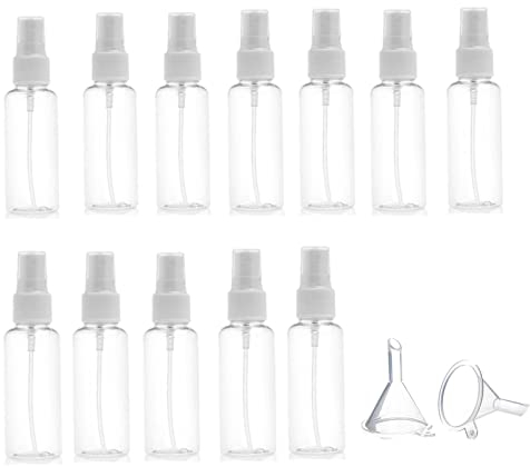 SmaUnicorn Fine Mist Sprühflasche, Mini-Plastikflaschen, Transparente Zerstäuberflaschen, 12 Pack 50ml nachfüllbare, leere Sprühflaschen + 2 Trichter, Tragbare Reiseflaschen für Parfums, Öle