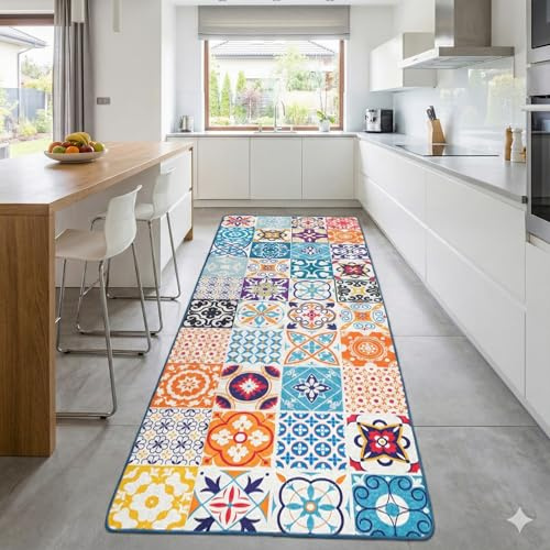 miqna Läufer Teppich, Küchenteppich, Waschbar Küchen läufer, Keramik Gemustert rutschfest Flur Teppich Läufer Bunt (Ceramico, 80 x 300 cm)
