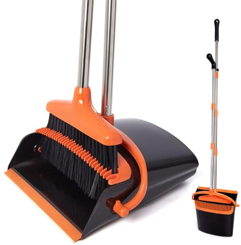 XXFLOWER Broom and Dustpan Set with Long Handle, Light Weight Stainless Steel Poles Stand Upright Dustpans with Broom Combo for Home Kitchen Office Pet Dog Hair, Black & Orange Color, 1-Pack