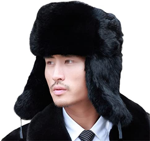 Herren dicke warme Bombermütze Fell Ohrenklappe Trapper Hut Russische Kappe Herren Winter Skimütze Russische Mütze Übergröße, Schwarz , 58-60/XXL