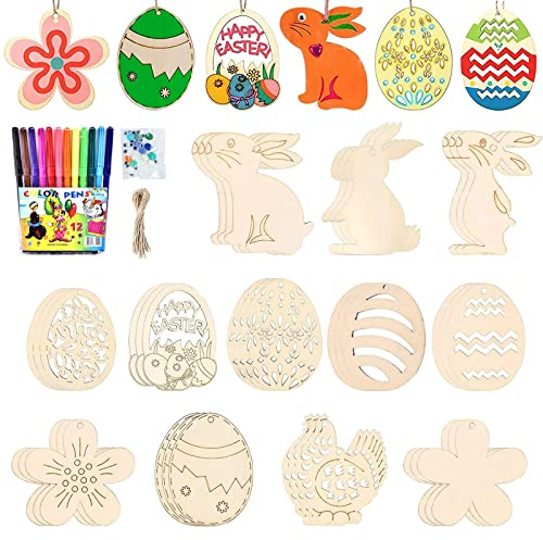 Mecctuck Ostern Basteln,36 Stück Bastelset Ostern,Osterdeko Basteln,Osterbastelset,Holzanhänger Ostern Frühlingsbasteln Kinder,Osterbasteln mit Kindern,Holzanhänger für Kinder Frühling Ostern Deko