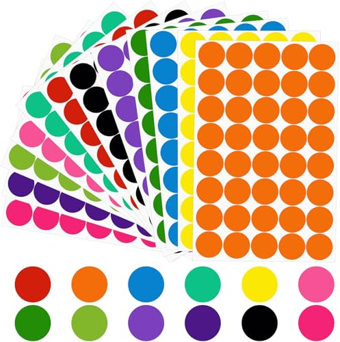 Klebepunkte Bunt Punkte Aufkleber Rund 20mm, 12 Farben 1440 Stück Markierungspunkte Bunte Klebepunkte, Glue Dots Sticker Punkte Farbig Etiketten Rund für Büro, Schule, Kalender, Karten-Aufkleber