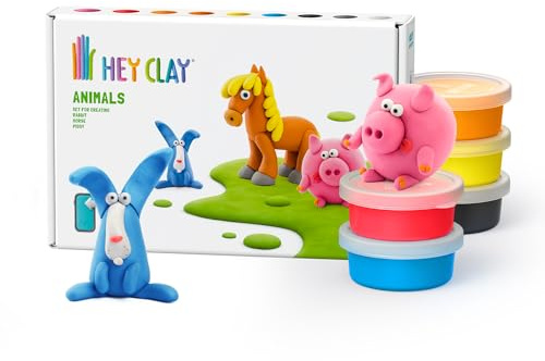 Hey Clay Animals: Piggy, Horse, Rabbit Set - Colourful Modeling Kids - Air Dry Clay Kit 6 cans with Fun Interactive Instructions App