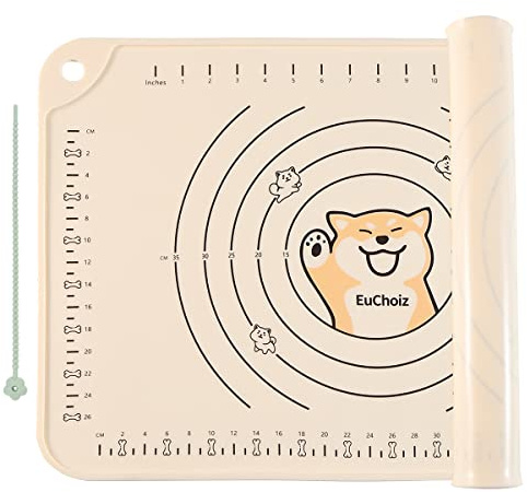 EuChoiz Silicone Pastry Mat 32*24 Extra Thick Non Stick Baking Mat Food Grade Silicone Dough Rolling Mat with Edge Heightening Large Cartoon Beige
