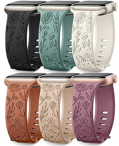 6 Pack Floral Engraved Bands Compatible with Apple Watch Bands 44mm for Women 40mm 41mm 45mm 49mm, Adjustable Comfortable Soft Silicone for iWatch Bands 38mm Womens Series