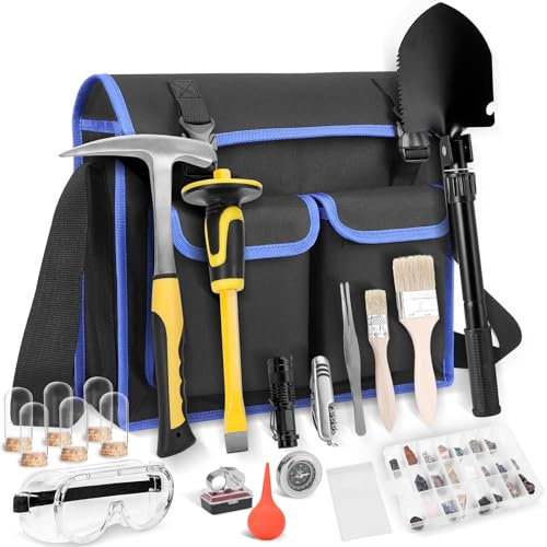 25 PCS Geology Rock Pick Equipment Kit, 28 oz. Rock Pick Hammer with 12 Mason Chisel, Safety Glasses, Whistle, Jewelers loupe, Tool Set for Hounding, Gold Mining & Prospecting, Stone Breaking