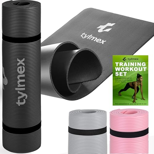 Tylmex Yogamatte rutschfest 8mm dick | Fitnessmatte, Pilates- & Gymnastikmatte für Zuhause & Outdoor | NBR Sportmatte mit Tragegurt & Online-Übungsanleitung - Schwarz