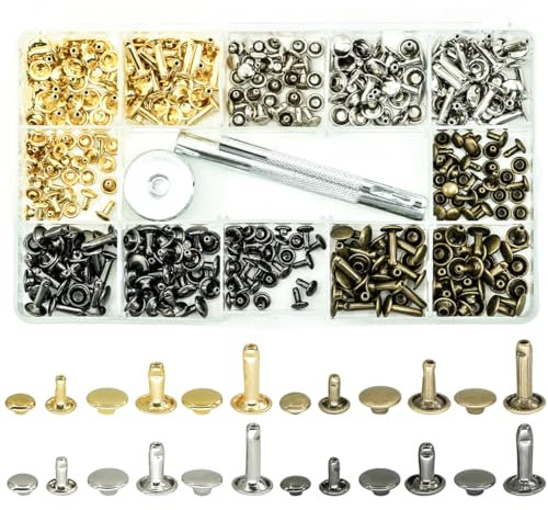 ciciment Leather Rivets 180 Set Double Cap Rivet Tubular Metal Studs with Fixing Tool Kit for Leather Craft Repairs Decoration, 3 Sizes,4 Color