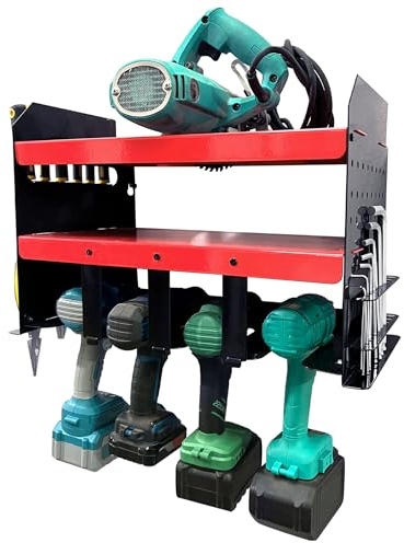 Froadp Portautensili a 2 livelli, 43 x 22,5 x 30,5 cm, supporto da parete per trapani a percussione, porta attrezzi, organizer per 4 utensili elettrici con cacciavite laterale, telaio