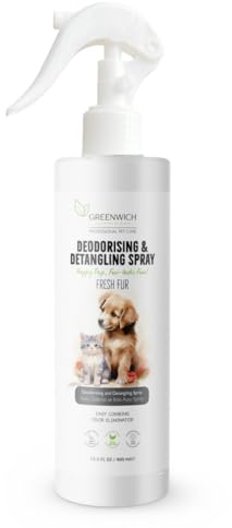 Greenwich 100% Vegan Entfilzungsspray & Deo Hunde Katzen 400 ml, Fellpflegespray, Sanfte Formel Welpen, Anti Filz Entwirrungsspray, Fellspray, pH-Wert