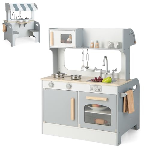 COSTWAY 2 in 1 Kinderküche mit Zubehör, Spielküche mit Restaurant zum Kochen & Servieren, Holzküche inkl. Wasserhahn Spüle Herd Ofen Handtuchhalter Haken, Spielzeugküche für Kinder ab 3 Jahren