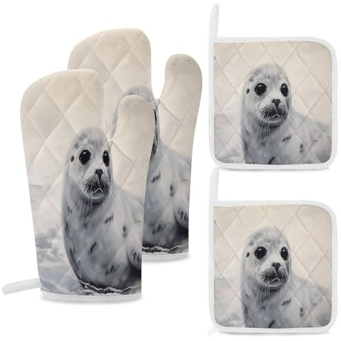 Ofenhandschuhe und Topflappen-Set, Harfen-Siegelmalerei, Polyesterfaser, Ofenhandschuhe und Topflappen, 4er-Set für Küche, Backen, Kochen