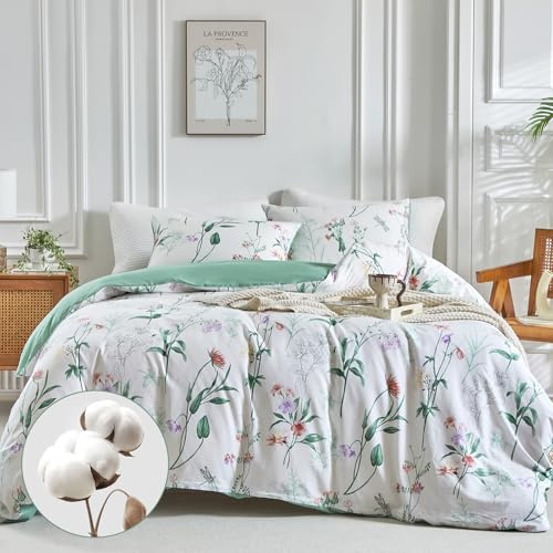 Lekesky Double Duvet Cover 100% Cotton White Bedding Set, Red Floral Flowers Double Duvet with Pillowcases for Bedding, Cotton Duvet Cover Sets 200x200 cm, White/Red Floral