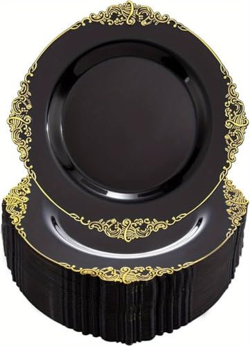 25 Pack Weiß Schwarz Rosa Barock 7,5 Zoll 19cm Runde Kunststoff Dessert Salat Teller oder 10,25 Zoll 26cm Mehrweg Plastikteller Plastikgeschirr mit Blatt geprägt Goldrand (Schwarz,7,5 zoll 19cm)