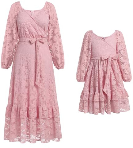 IBAKOM Mutter Tochter Matching Kleid Mama und ich Kleider Langarm Freizeitkleid Boho Strandkleid Kleid Herbst Winter Frauen Mädchen Passendes Kleid Familie Passendes Outfit