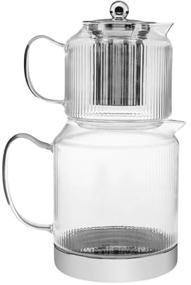 Karaca Kelly Midi Borosilicate Glass Teapot with Infuser - Transparent Tea Pot Turkish Tea Maker for Loose Leaf, Herbal Tea - Tea Kettle (2 Lt) & Teapot-Lid with Removable Strainer (1 Lt)