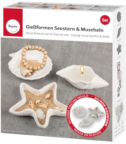 Rayher Silikon Gießformen Seestern + Muscheln, Set 3tlg, Dekoschalen, ausgießen mit Kreativ- Beton, Raysin-Gießpulver, Resin Gießharz, Wachs, 36187000, grau