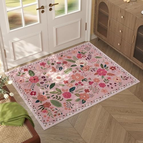 Fußmatte 60x90 cm Elegante Rosa Blumen Fussmatte Aussen Fussmatte Innen rutschfeste Schmutzfangmatte Waschbar Fussabtreter für Flur Haustiere Fußmatte Außen