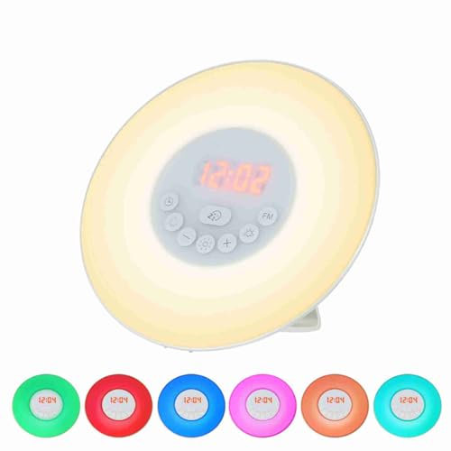 Ejoyous Tageslichtwecker Lichtwecker, Sonnenaufgang Simulation Wecker mit FM Radio LED Digitaler Wecker mit Licht, 6 Naturgeräusche 6 Farblicht 10 Helligkeit (EU-Stecker)