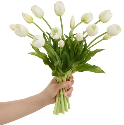 Amore Florals 15 Pcs White Tulips Artificial Flowers Faux Tulips Real Touch Latex Fake Flower Bouquet for Spring Wedding Home Décor Centerpiece Arrangements
