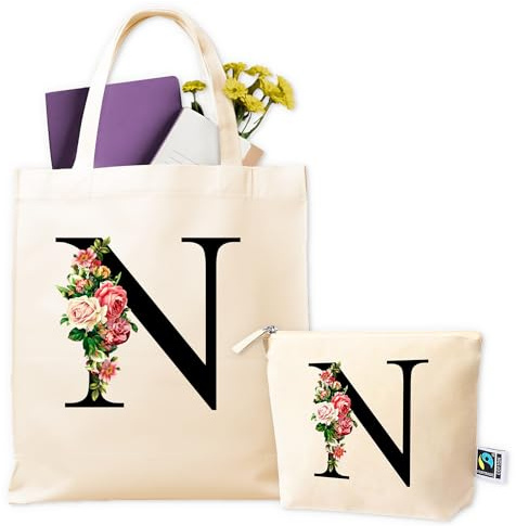 Personalisierte Tasche - Personalisierte Baumwolltasche Initiale & Kosmetiktasche – Geschenkset für Frauen, Mama – Tote Bag Damen Einkaufstasche Stoff – Personalisierte Geschenke Frauen