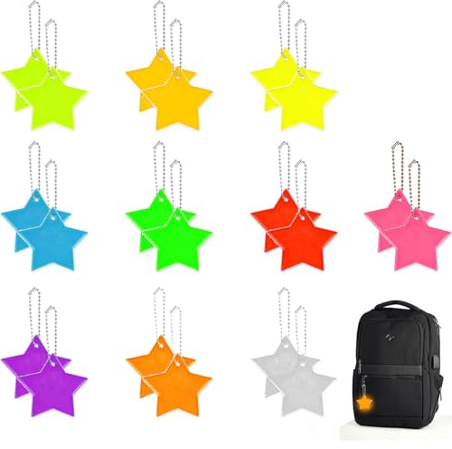 WUBAYI Sicherheitsreflektor Stern Anhänger Set, 20 Stück, Reflektierender Schlüsselanhänger für Taschen, Jacken, Radfahren, 10 Farben