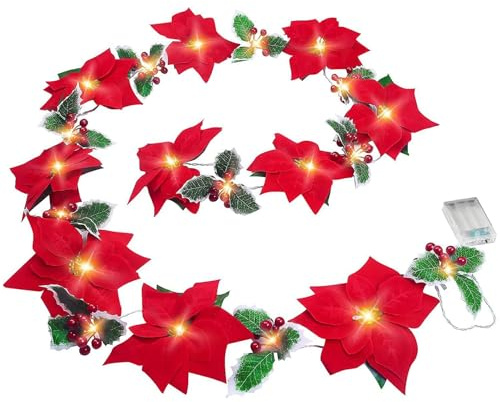Durdiiy Guirnalda de Navidad de 2 m, flores rojas, hiedra falsa, hojas de follaje artificial con bayas rojas, planta colgante verde, 20 luces LED, funciona con pilas para pared, boda, arco, fiesta