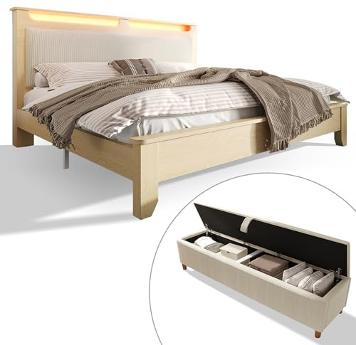 Doppelbett Holzbett , Kopfteil mit Stauraum, LED-Beleuchtung und Beigefarbener Cordpolster-Rückenlehne, Inklusive Bettbank mit Stauraum, Heller Eiche(Ohne Matratze) (Holzbett 180×200cm mit Bettbank)