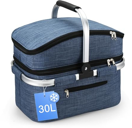 Nagoyuki 30L Einkaufskorb, Kühltasche, Faltbarer Kühlkorb, Doppellagige Einkaufstasche, Praktischer Einkaufskorb mit Gepolsterten Griffen, Ideal Für Reisen, Picknick, Einkaufen, Geschenk (Blau)
