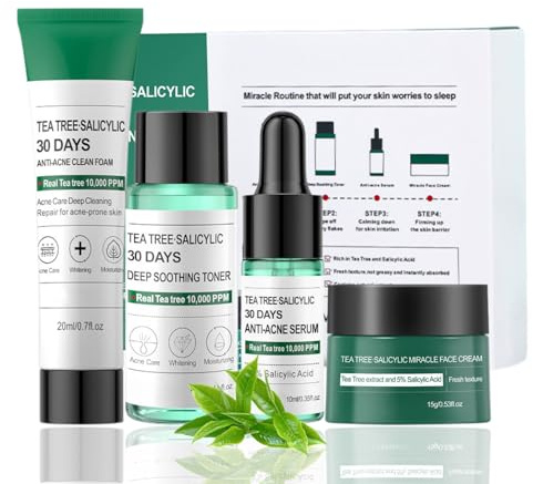 Teebaum Gesichtspflege Set Damen - Salicylsäure Skincare Set Teenager Mädchen - Anti Pickel Skin Care Set - Beauty Geschenkset Frauen mit Reiniger Gesichtswasser Serum Gesichtscreme (4 Stück)