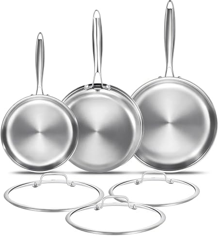 DELARLOCHEF Edelstahlpfanne 20/28/30 cm mit 3 Deckeln | Durchgehend 3-lagige Bratpfanne, Induktionsgeeignet, Backofenfest bis 400°C(Deckel 148℃), Spülmaschinengeeignet