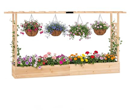 GOPLUS Jardinière Surélevé avec 2 Treillis Latéraux et Toit Suspendu en Bois sur Pieds, Trou de Drainage, Bac à Fleur pour Plantes Grimpante, Fleurs, Herbes, pour Jardin, Patio (Naturel, 220x35x114CM)