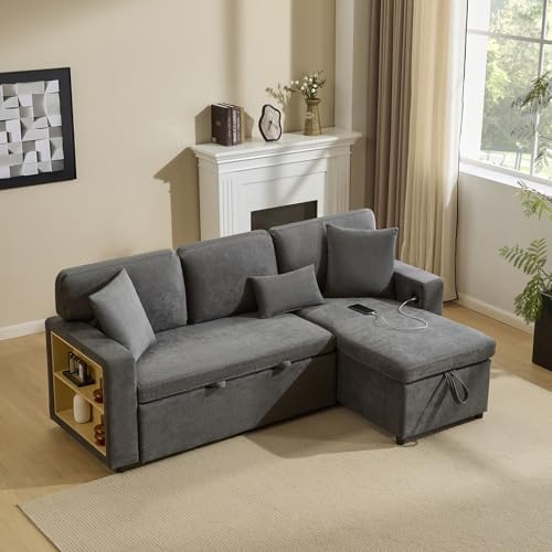 Muskel L-förmiges Ecksofa mit Bettkasten, ausziehbare Schlafcouch mit integriertem Regal, Moderne Couch für Wohnzimmer, Gästezimmer und Apartment, Komfortables 3-Sitzer Sofa, Dunkelgrau