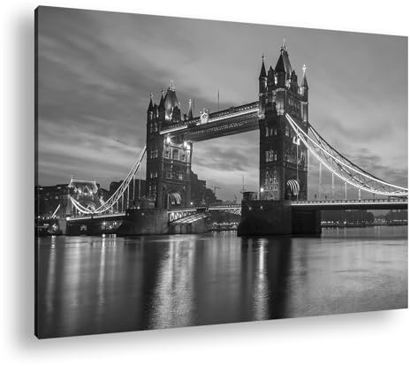 Leinwandbild Tower Bridge leuchtet hell im abendlichen London Format: 80x60 cm Effekt: Schwarz&Weiß XXL Kunstdruck Bild auf Keilrahmen/Wandbild/Wohnzimmer Deko
