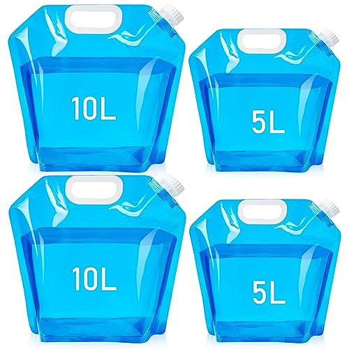 Tebery 4 Stück Faltbarer Wasserkanister, Tragbar Wasserbehälter mit Dichtem Deckel, Bpa-Frei Faltkanister Trinkwasser für Outdoor Camping, Wanderungen, Picknicks, [2x5L + 2x10L]