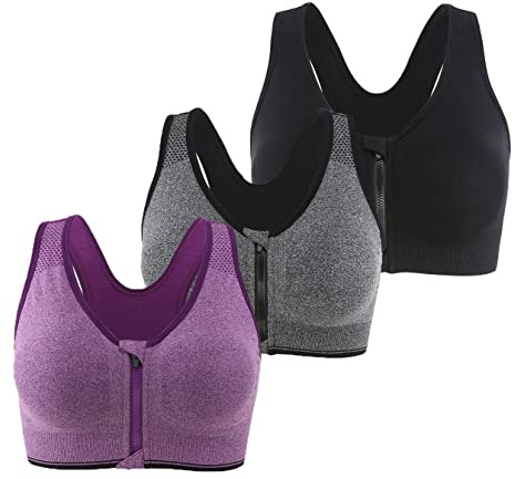 Leezepro Soutien-Gorge de Sport Post-opératoire Lingerie Avant Zipper Femme Zippée Brassière Push Up Courir Vest Coussinets Amovibles pour Fitness Jogging Yoga Course (Noir+Gris+Violet, M)
