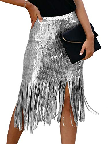 xxxiticat Women's Elegant Slim Fit Patchwork Solid Skirt Office Ladies High Waisted Tassel Sequin Midi Skirts(SI,S) Silver