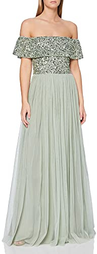 Maya Deluxe Women's Misty Green Bardot Embellished Maxi Dress Bridesmaid