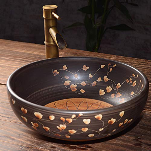FLYFO Céramique Lavabo Rond Rétro Art Comptoir Vasque à Poser Cuisine Évier Hôtel Vestiaire Salle de Bains Résistant Aux éclaboussures 41x 15 Cm