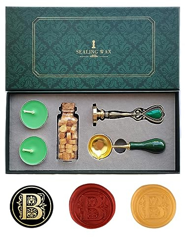 AMTOL Wachssiegel-Stempel-Set, Motiv: Fancy Letters B, europäischer Stil, Wachssiegel-Stempel-Set, Geschenkbox, Vintage-Stil, personalisierter Siegelstempel für Briefkarten, Einladungen (B)
